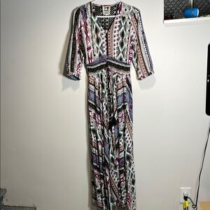 Jaase White and Blue V-Neck Sundress 3/4 Sleeve